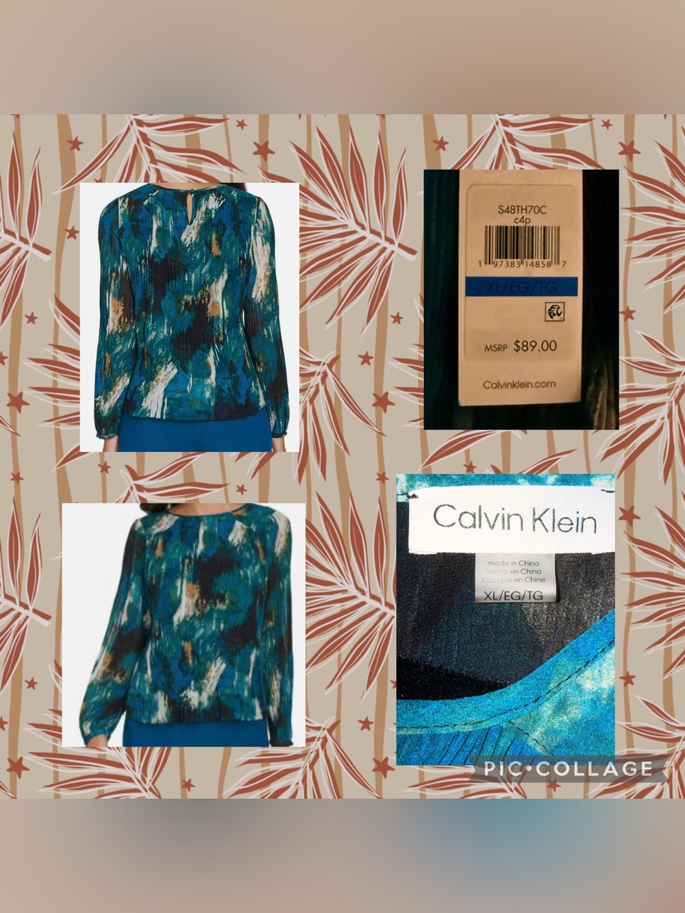 Calvin Klein Teal, Navy & White Pleated Long-Sleeve Blouse